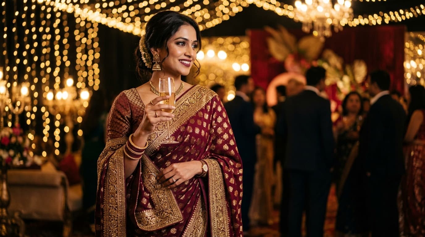 Woman in a shimmering georgette saree at an evening party