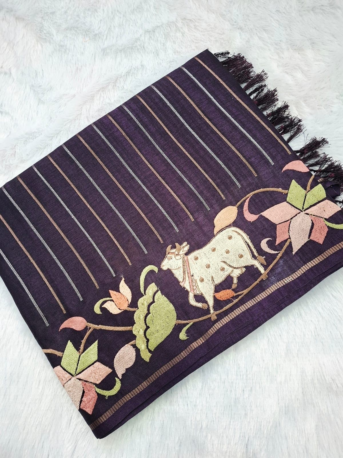 Aubergine Viscose Tussar Saree with Pichwai Work — folded