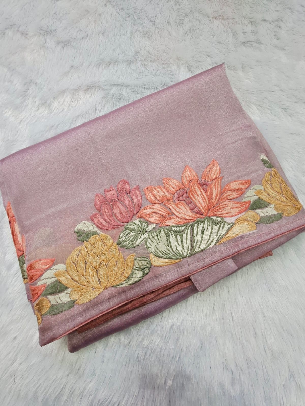 Blush Pink Pure Tissue Saree with Lotus Embroidery — folded