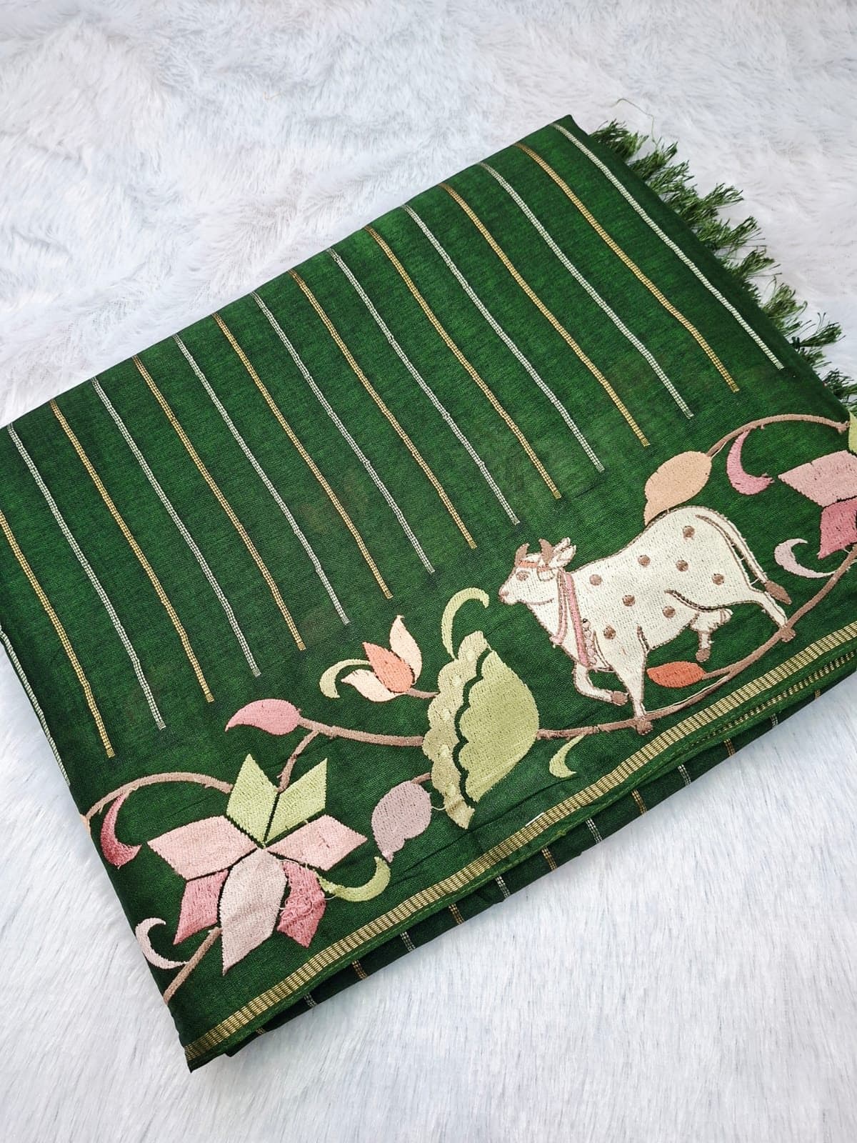 Bottle Green Viscose Tussar Saree with Pichwai Work — folded