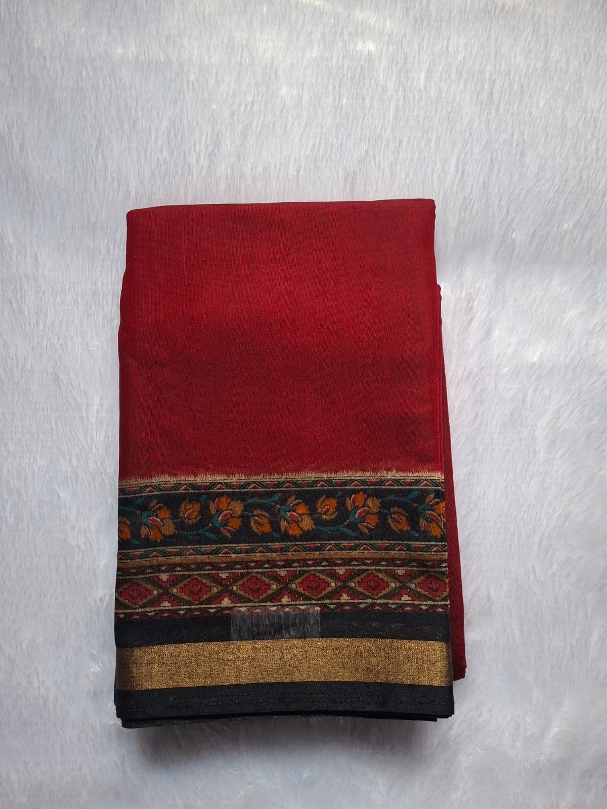 Crimson Red Cotton Blend Saree — folded