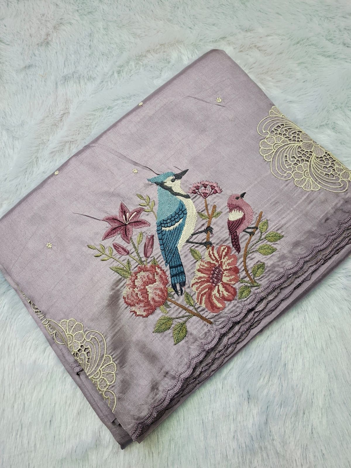 Lilac Grey Raw Silk Saree with Blue Jay Embroidery — folded