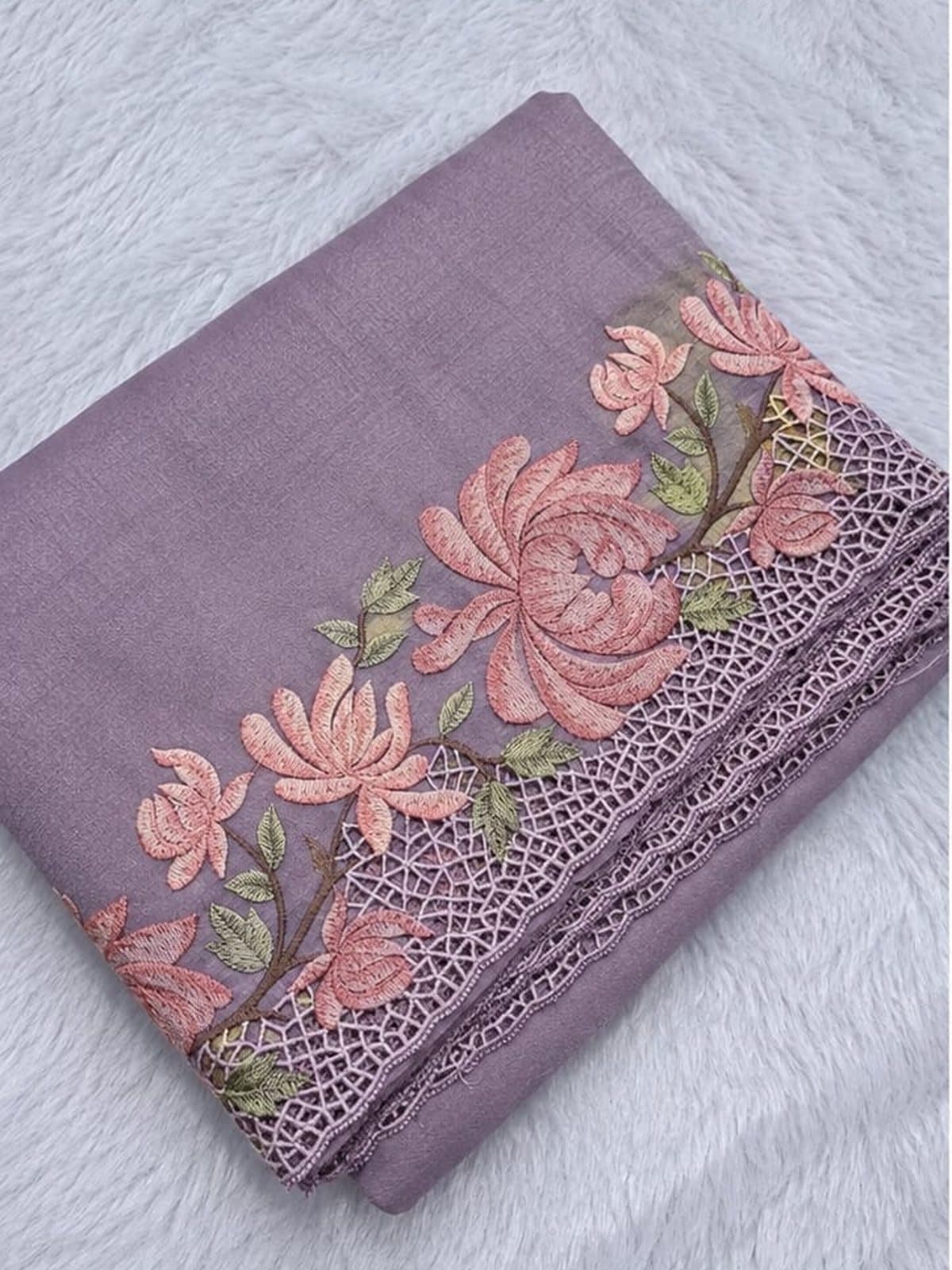 Lilac Windy Crush Saree with Rose Embroidery — folded