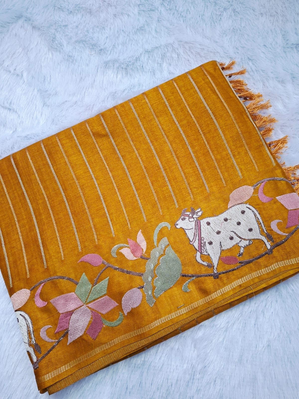 Mustard Viscose Tussar Saree with Pichwai Work — folded