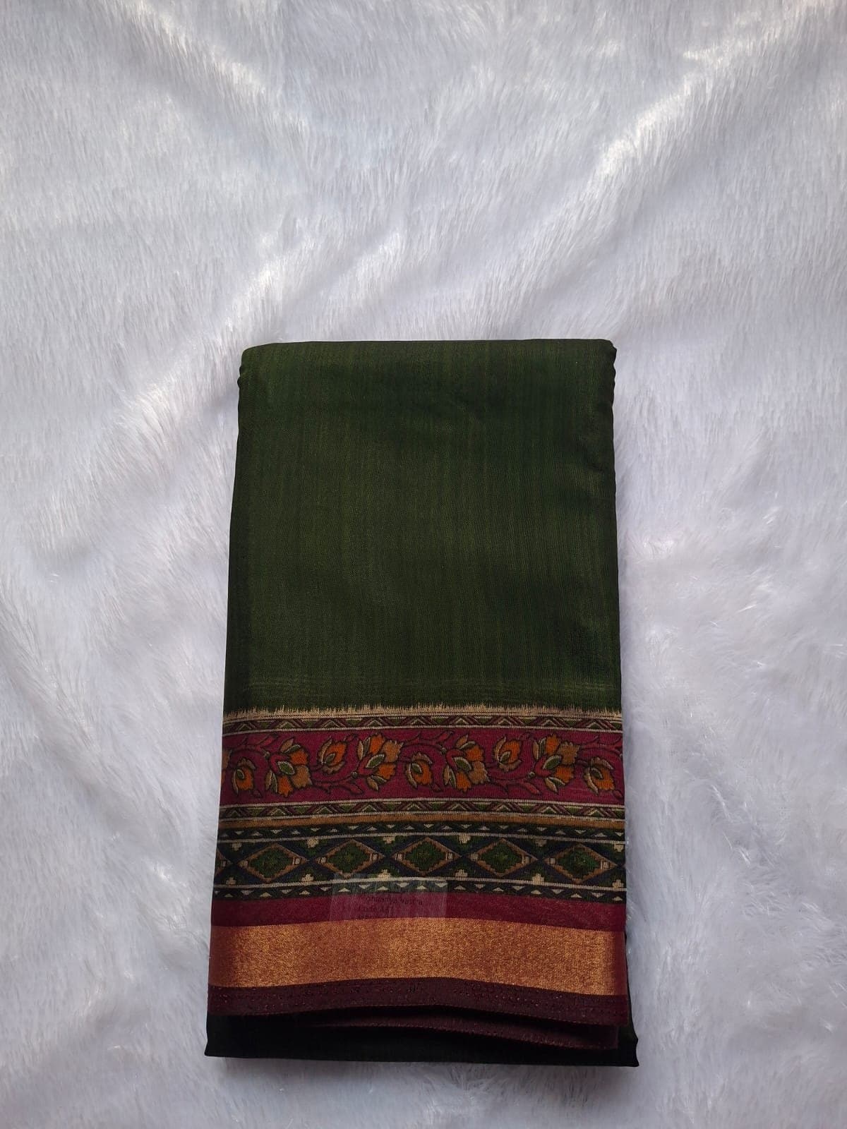 Olive Green Cotton Blend Saree — folded