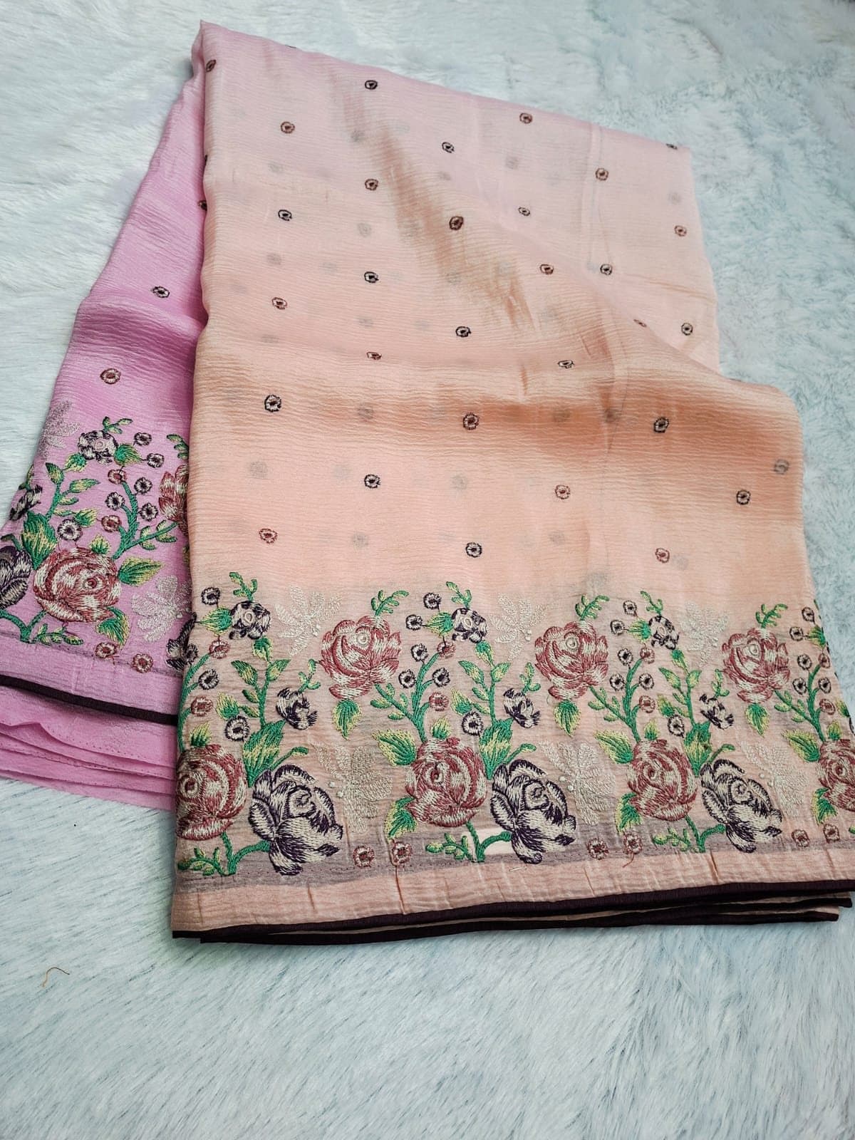 Peach & Pink Ombré Windy Crush Saree with Embroidery — folded