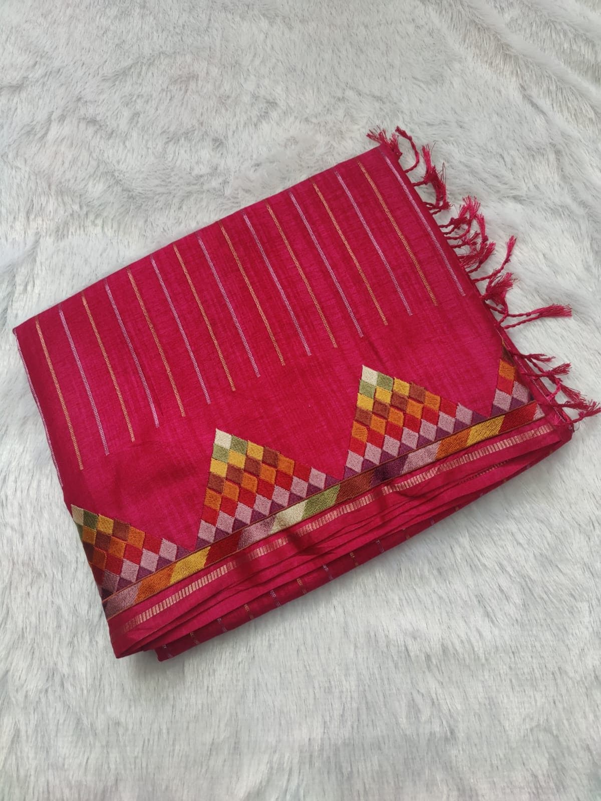 Rani Pink Viscose Tussar Saree with Geometric Work — folded