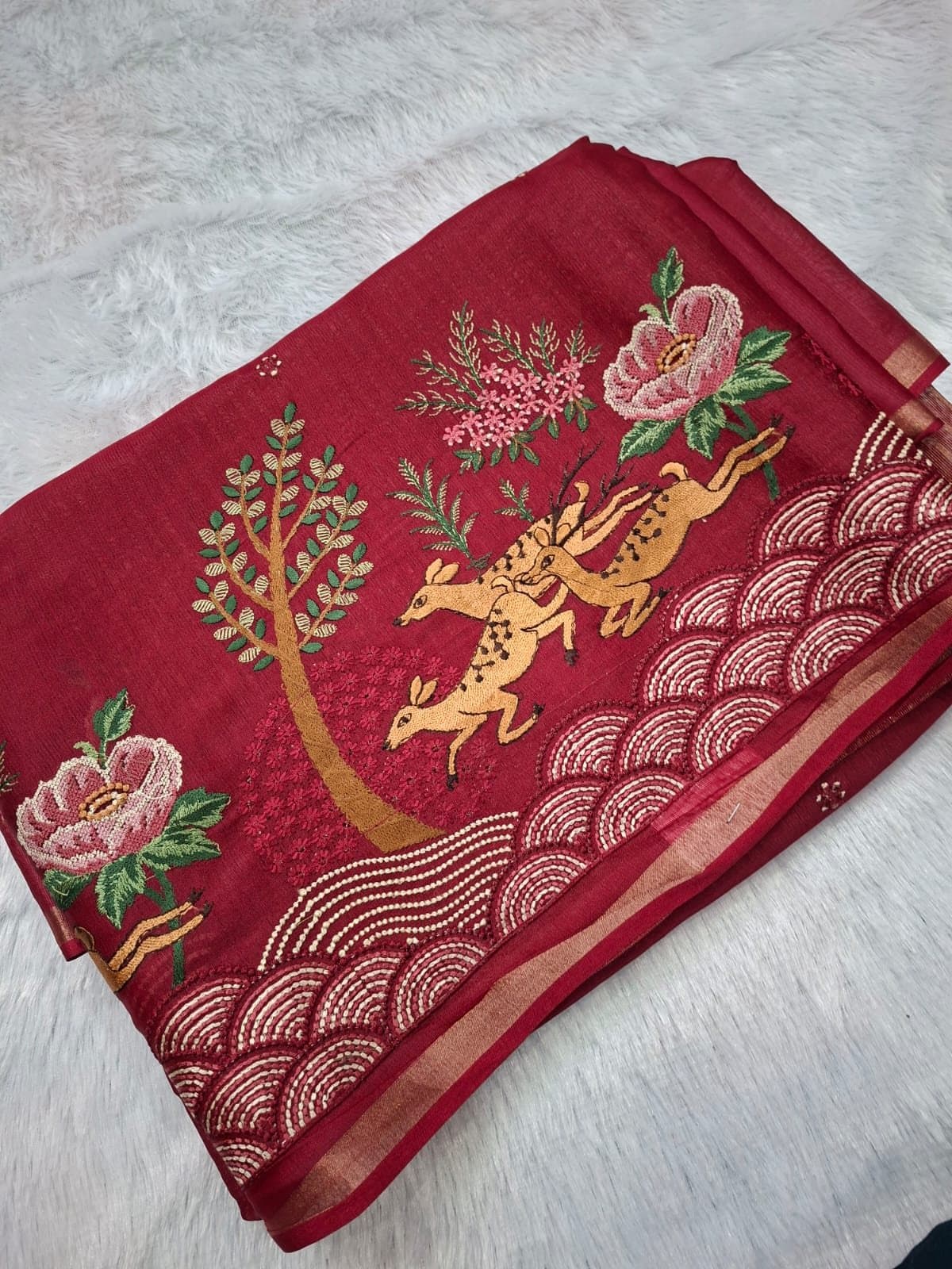 Red Line Tussar Saree with Korean Work — folded