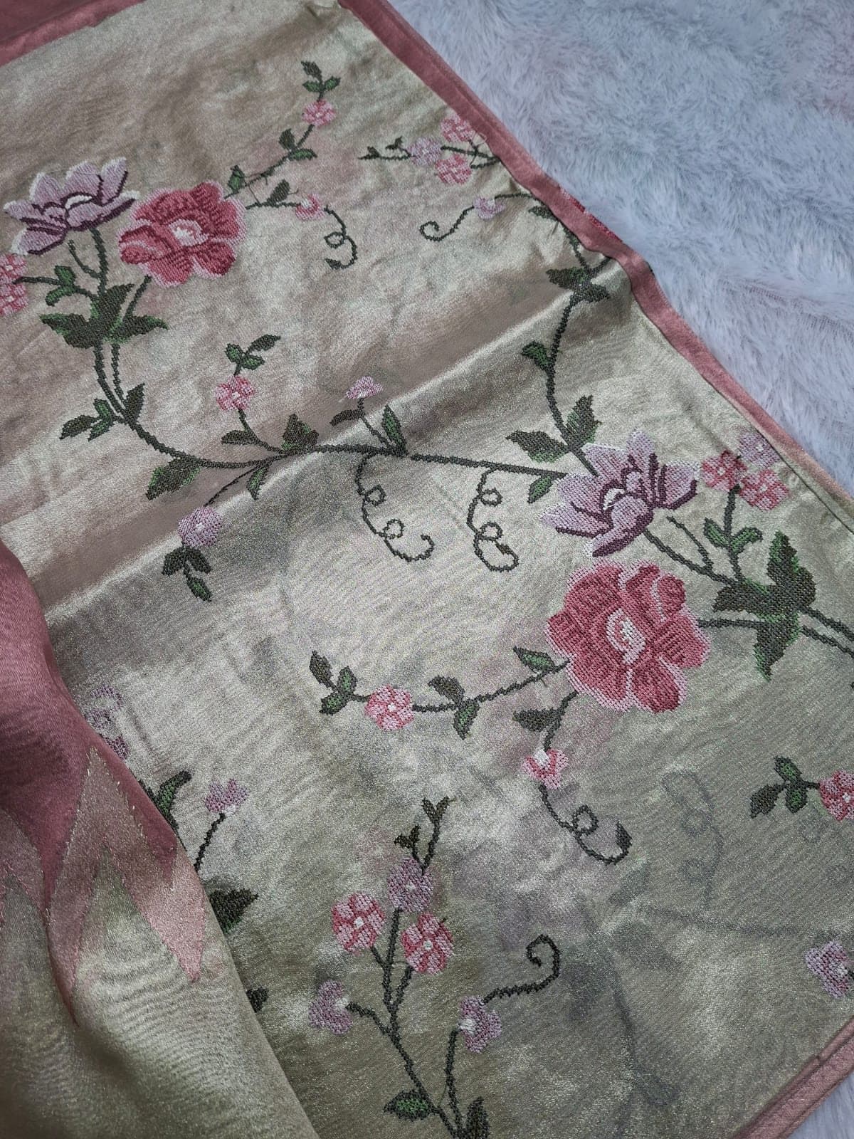 Floral cross-stitch embroidery on pure kora tissue