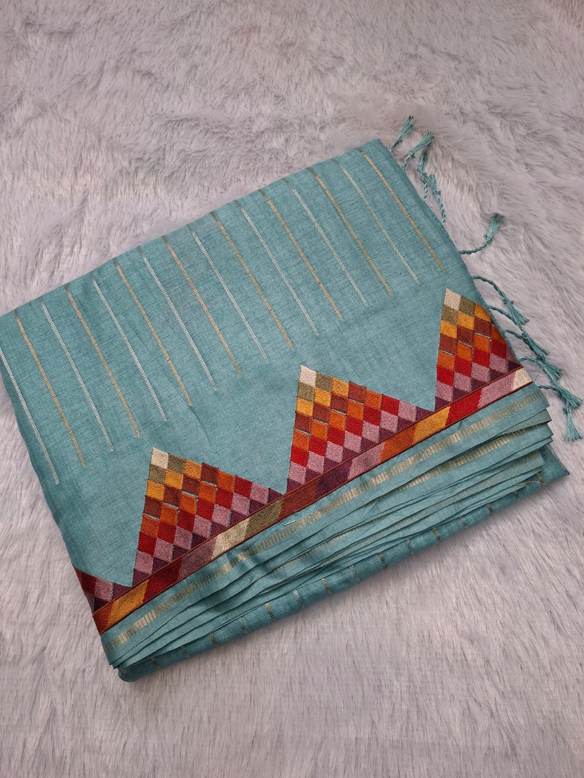 Sky Blue Viscose Tussar Saree with Geometric Work — folded