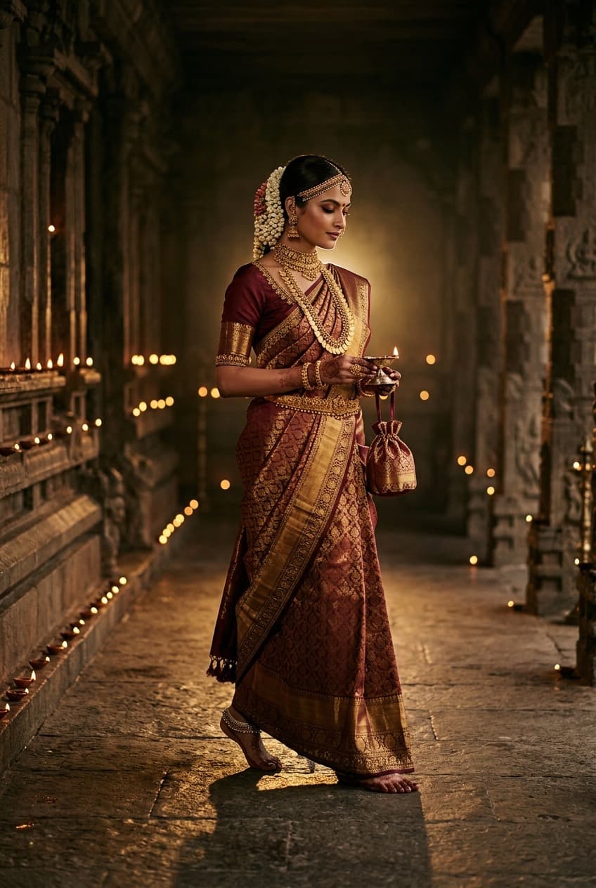 Bride in a maroon and gold silk saree with temple jewellery