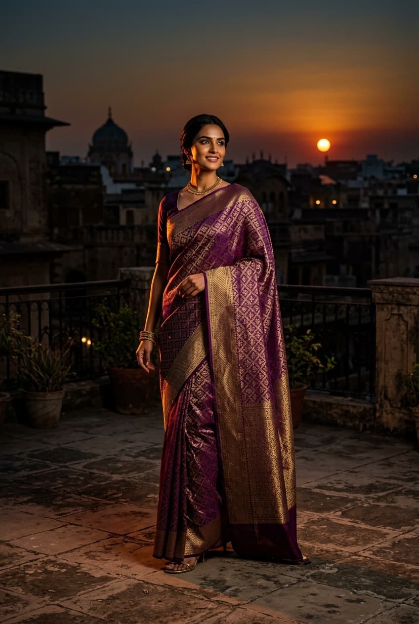 Woman in a violet tissue saree at sunset on a terrace