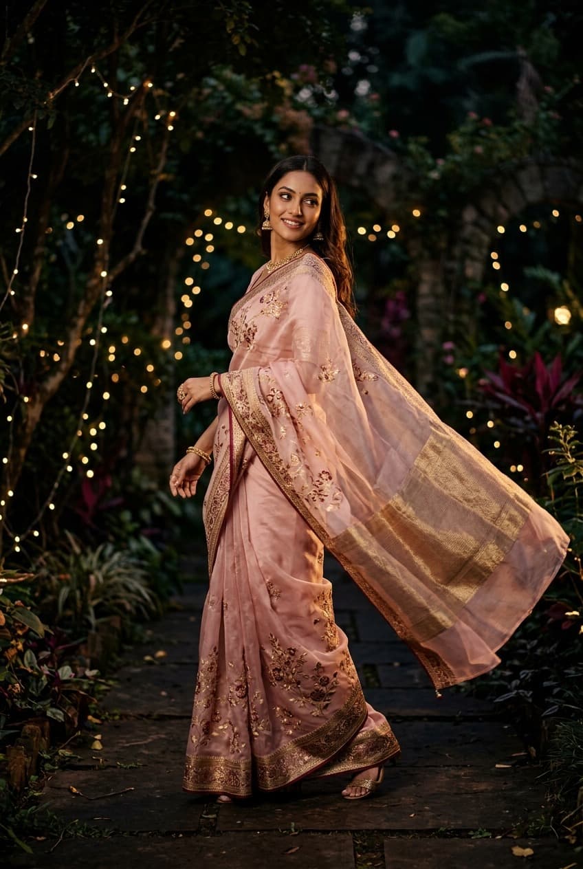 Woman in a blush pink floral organza saree in a garden