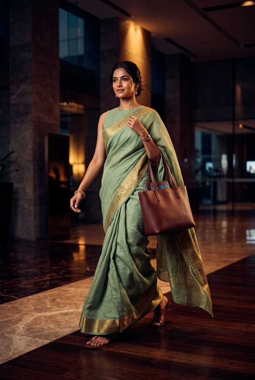 Woman in a sage green linen saree in a modern office lobby