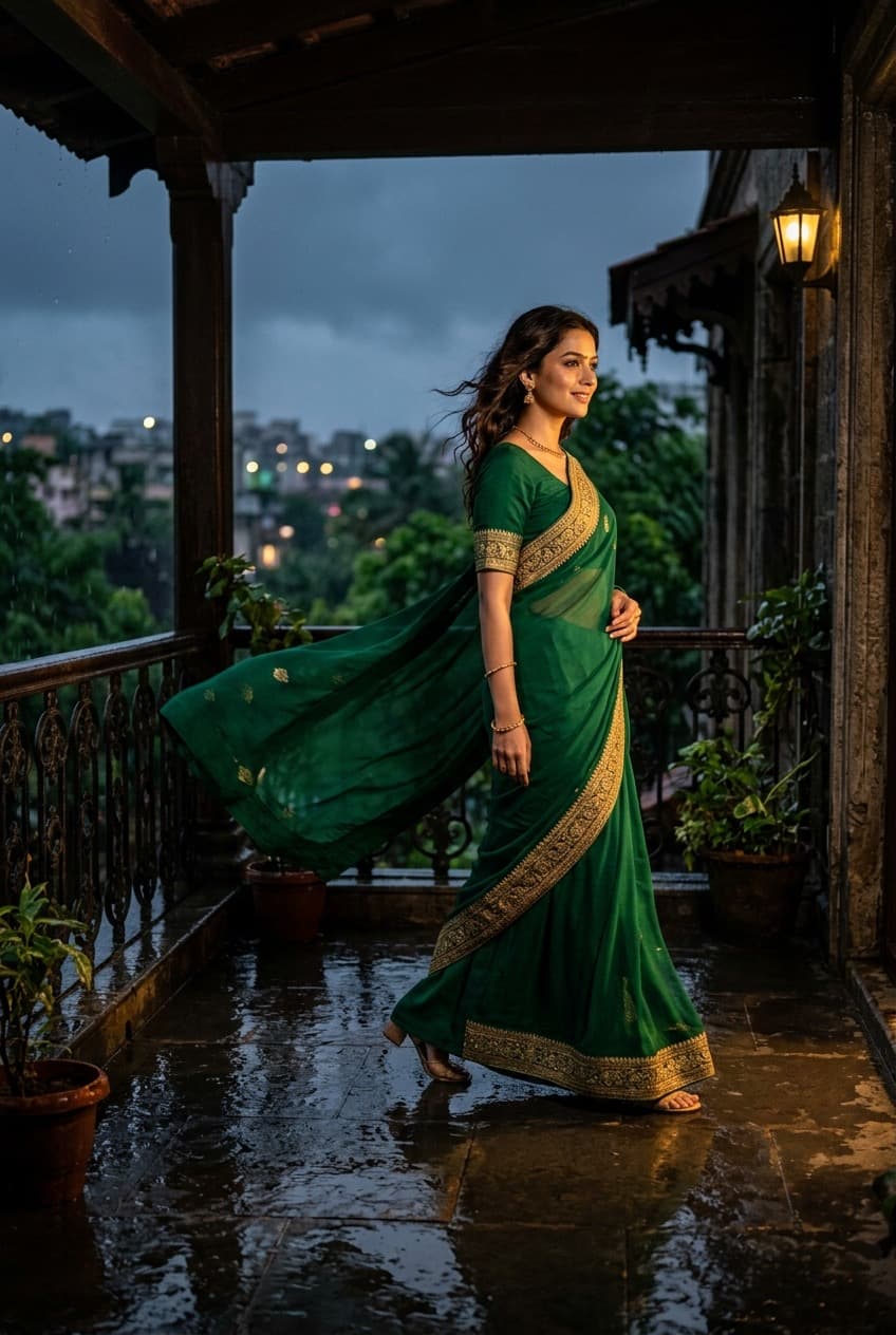 Woman in a flowing emerald georgette saree on a rain-washed balcony