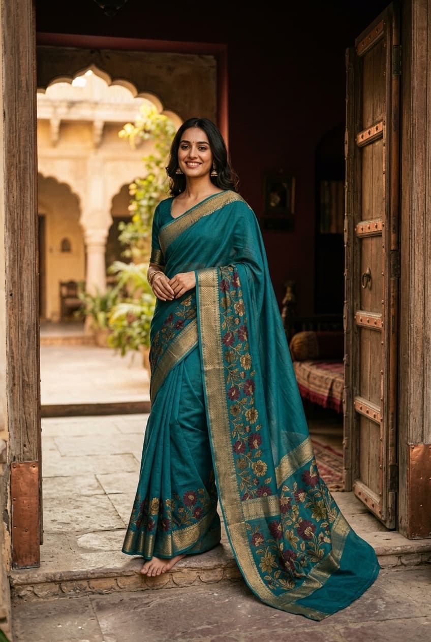 Woman in a teal cotton blend saree with a printed border at a sunlit doorway