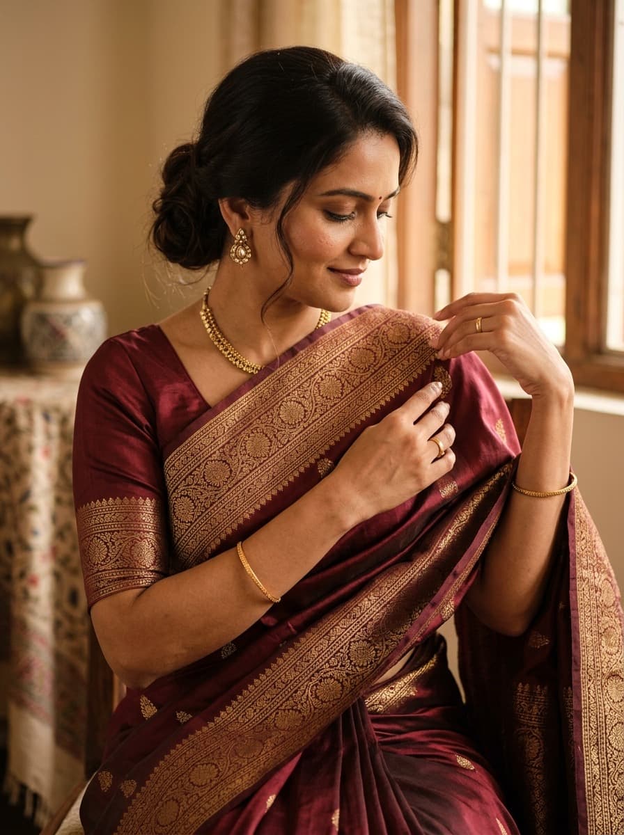 Woman adjusting the pallu of a gold-bordered silk saree
