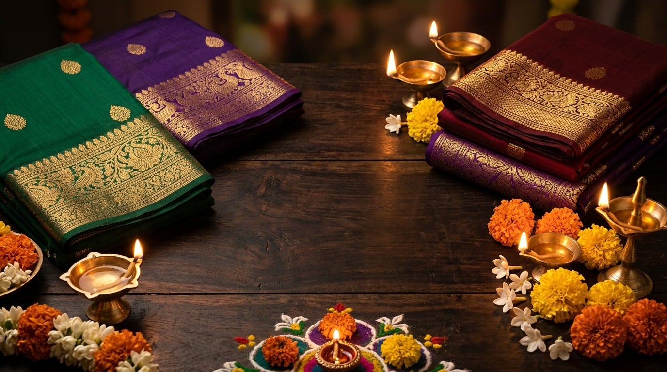 Folded silk sarees with gold zari beside glowing brass diyas and marigold flowers