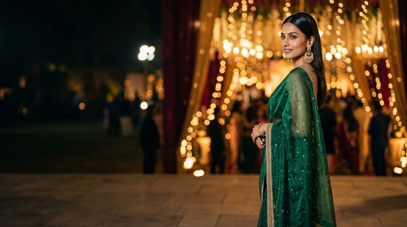 Woman in a shimmering emerald organza saree at an evening celebration with warm bokeh lights