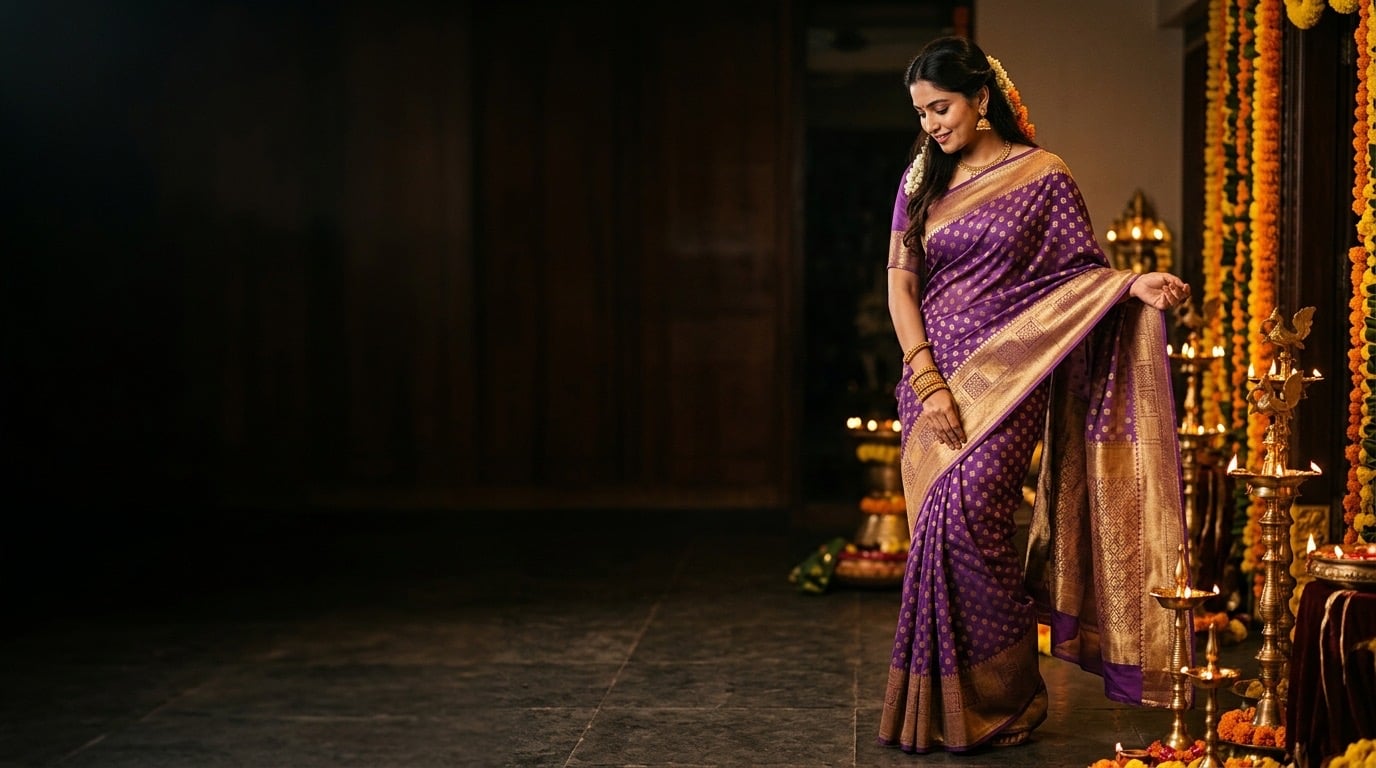 Woman draping a violet semi tissue silk saree with a geometric gold zari pallu beside brass lamps