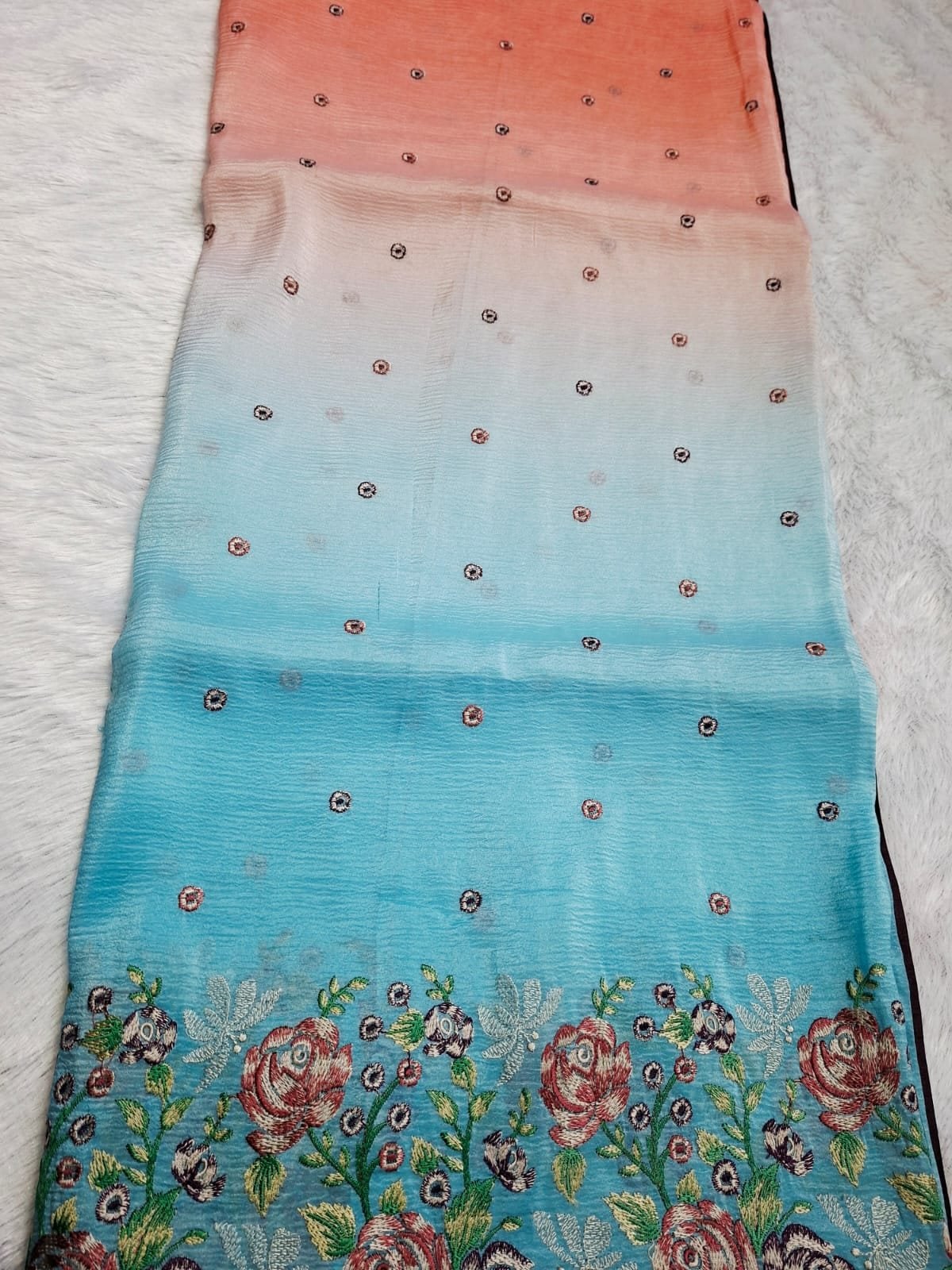 Coral & Aqua ombré windy crush saree with embroidery, folded