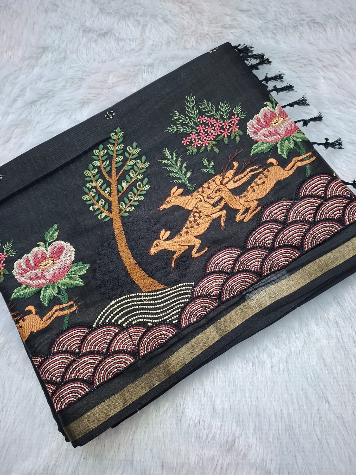 Black line tussar saree with korean work, folded