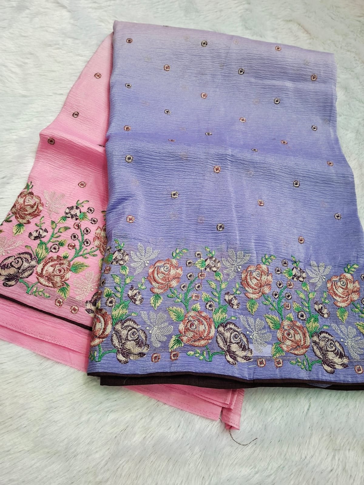 Lavender & Pink ombré windy crush saree with embroidery, folded