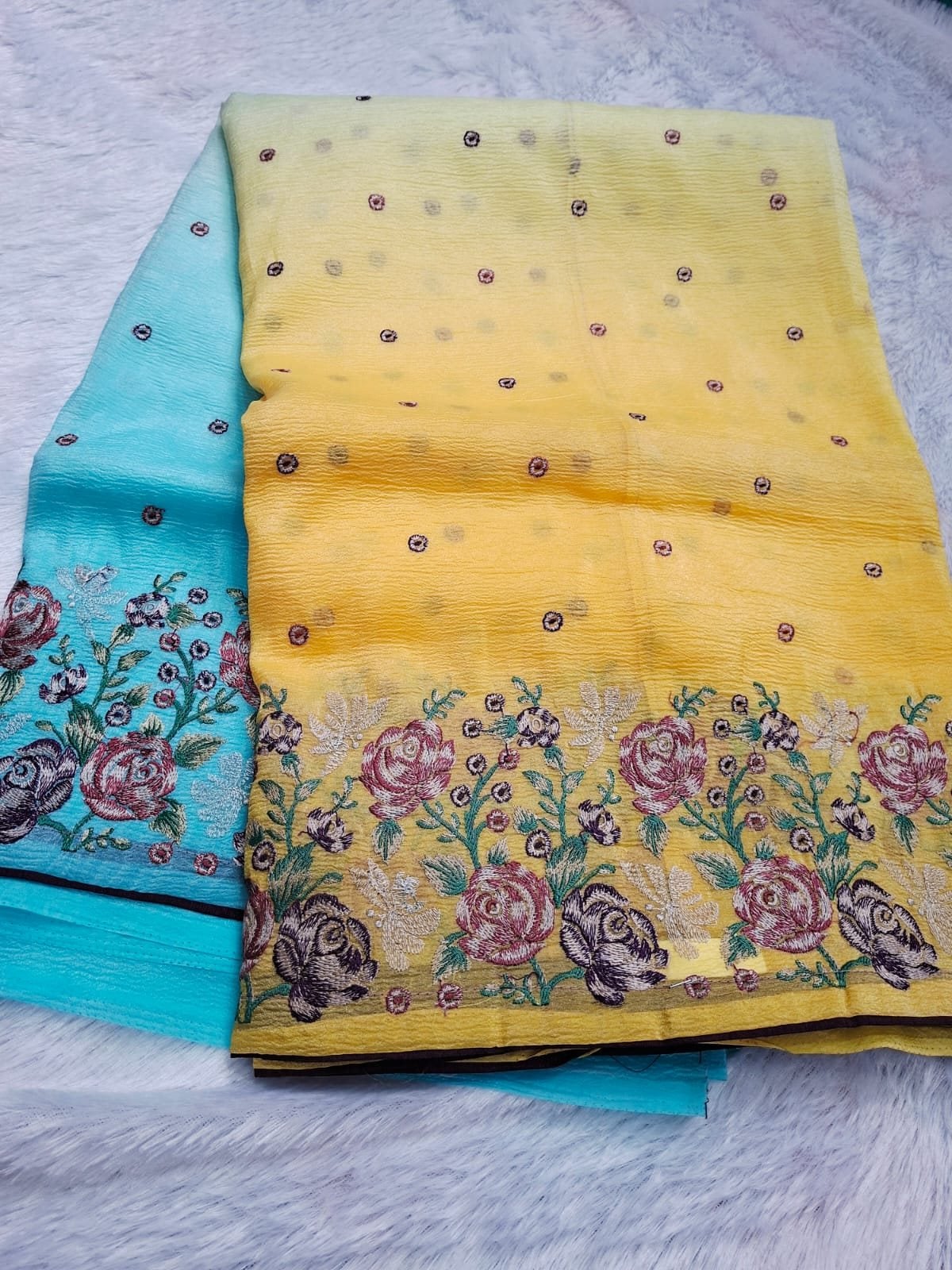 Lemon & Aqua ombré windy crush saree with embroidery, folded
