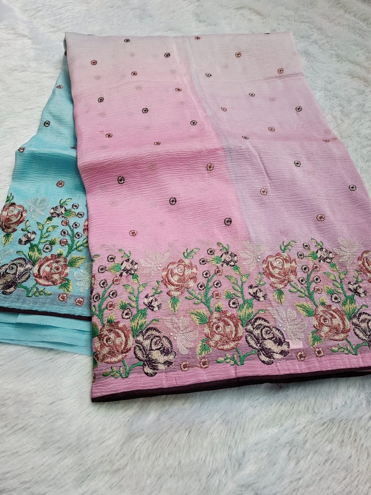 Pink & Aqua ombré windy crush saree with embroidery, folded